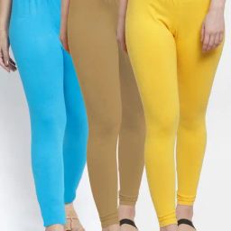Gracit Yellow & Blue Mid Rise Leggings - Pack Of 3-image-79