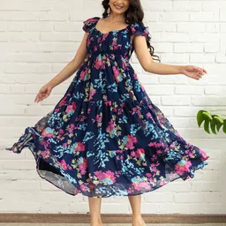 Polago Clothing Floral Print Flutter Sleeve Tiered Empire Midi Dress-image-3