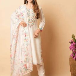 Fashor White Cotton Embroidered Kurta & Pant Set With Dupatta-picture-12