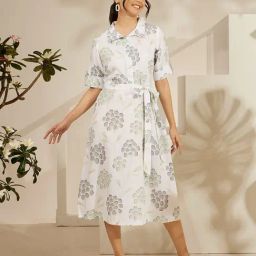 Daali Off White Poly Linen Shirt Collar Elbow Sleeves Pastel Bling Dress with Two Pockets-image-7