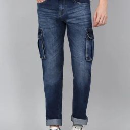 Cantabil Blue Regular Fit Solid Cargo Jeans-image-84