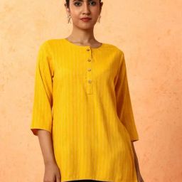 Jaipur Kurti Mustard Viscose Rayon Stripes Kurta-image-22