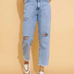 Belliskey Light Blue Regular Fit High Rise Distressed Jeans-image-91