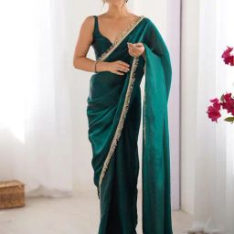 Saree Mall Teal green Satin Embellished Saree with Blouse Piece-image-94