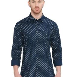 Basics Navy Cotton Slim Fit Printed Shirt-image-13