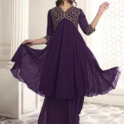 Inddus Floral Embroidered V-Neck Tunic With Palazzos-image-86