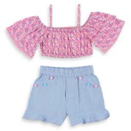 Nauti Nati Kids Pink & Blue Floral Print Top with Shorts-image-3