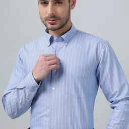 Hancock Classic Fit Striped Button-Down Collar Pure Cotton Oxford Chambray Formal Shirt-image-32