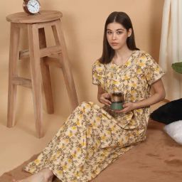Sweet Dreams Yellow Cotton Regular Fit Geometric Print Night Dress-image-60