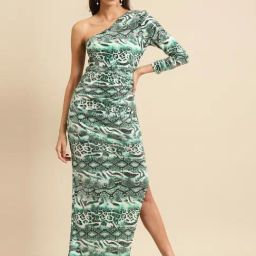 DODO & MOA Green Printed One-Shoulder Dress-image-14