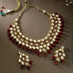 Peora Gold-Plated Kundan Stone Pearl Maroon Choker Necklace with Earrings Traditional Jewellery Set-98