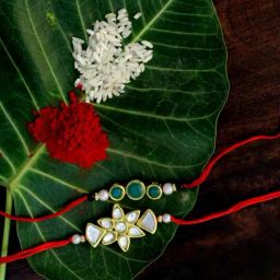 Karatcart Gold-Plated Kundan Rakhi with Roli Chawal & Greeting Card for Brother - Set of 2-image-78