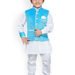 Aj DEZInES Boys Turquoise Blue & White Solid Kurta with Churidar & Waistcoat-24