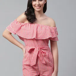 STREET 9 Women Red & White Checked Off-Shoulder Playsuit-picture-20