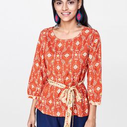 Global Desi Women Rust Red & Beige Printed Top-16