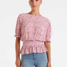 Forever New Pink Floral Print Peplum Top-image-51