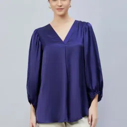 First Resort By Ramola Bachchan Navy Blue V-Neck Embellished Satin Shirt-image-85