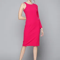 SASSAFRAS Women Fuchsia Textured One Shoulder Sheath Midi Dress-picture-26