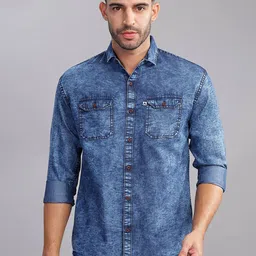 AIDAN PAUL Men Relaxed Fit Cutaway Collar Faded Denim Casual Shirt-image-77