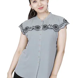 G0-4 IT Floral Embroidered Mandarin Collar Georgette Shirt Style Top-picture-27