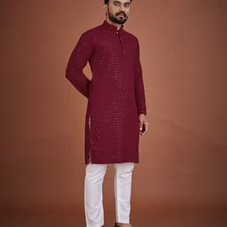 PulseIQ Geometric Embroidered Mandarin Collar Thread Work Straight Kurta-image-16