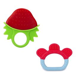 Infantso Non-Toxic Food-Grade Silicone Baby Teether BPA-Free for Pain-Relief Easy Teething Strawberry & Blue Ring  Pack of 2 - Green Blue-10