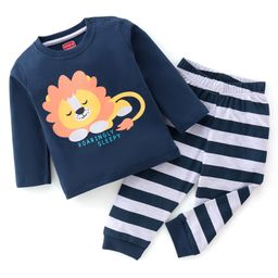Babyhug Cotton Knit Full Sleeves Night Suit With Lion Print -Navy Blue & White-image-46