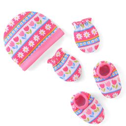 Babyhug 100% Cotton Knit Cap Mittens & Booties Set Floral Print - Pink-image-43