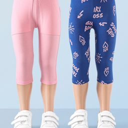 Honeyhap 95% Cotton 5% Elastane Three Fourth Leggings with Bio Finish Text Print & Solid Pack of 2 - Pink & Blue-image-60