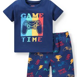 Babyhug Cotton Knit Half Sleeves Game Printed Night Suit - Navy-image-71