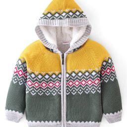 Babyhug Knitted Full Raglan Sleeves Argyle Designed Hooded Front Open Sweater - Yellow & Olive Green-image-47