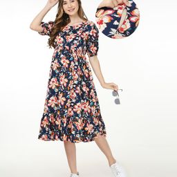 Bella Mama Woven Balloon Sleeves Maternity Dress with Pocket Floral Print - Nvay Blue-image-75