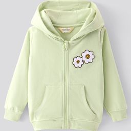 Bonfino 100% Cotton French Terry Full Sleeves Hoodie With Floral Embroidery Detailing & Kangaroo Pockets - Green-image-44