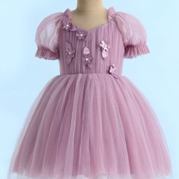 Bluebell Woven Half Puffed Sleeves Party Frock With Floral Applique & Beads Detailing - Lilac-picture-23