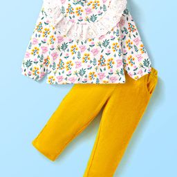 Babyhug Single Jersey Knit Full Sleeves Floral Printed Top & Pants Set - Yellow & White-image-55