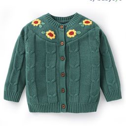 Babyoye 100% Cotton Solid Dyed Full Sleeves Front Open Sweater Floral Embroidery - Teal Blue-image-79