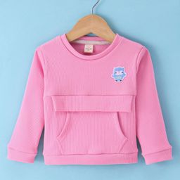 Olio Kids Cotton Knit Full Sleeves Winter T-Shirt with Kangaroo Pocket Owl Patch -Pink-image-80