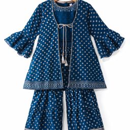 Babyhug Woven Top & Palazzo Set with Bell Sleeves Jacket Floral Foil Print & Embroidery - Teal Blue-image-81