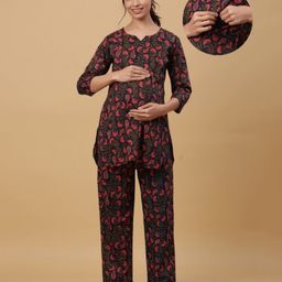 CRAFIQA Cotton Three Fourth Sleeves Floral Printed With Concealed Zipper  Nursing Access Night Suit - Black & Red-picture-17