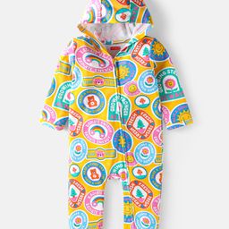 Babyhug 100% Cotton Knit Full Sleeves Hooded Romper with Text & Bear Print - Yellow Blue & Pink-image-49