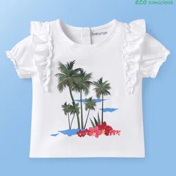 Babyoye Eco Conscious 100% Cotton Knit Half Puffed Sleeves T-Shirt with Beach Theme Print - White-picture-7