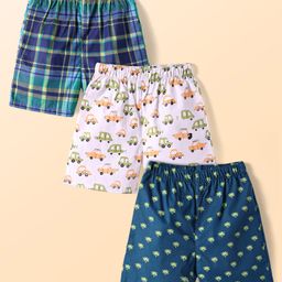 Babyhug Cotton Poplin Woven Boxers with Vehicle & Tropical Theme Print Pack of 3 - Navy Blue & White-image-19