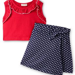 CrayonFlakes Sleeveless Solid Crop Top & Polka Dots Printed Flapped Skort Set - Red-image-71