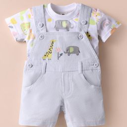 ToffyHouse Cotton Woven Corduroy Embroidered Dungaree with Half Sleeves Animal Printed T-Shirt - White & Light Blue-image-32