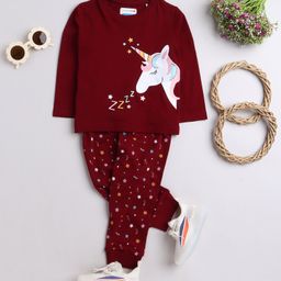 BUMZEE Cotton Knit Full Sleeves Unicorn Printed Night Suit - Maroon-image-71