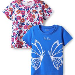 Honeyhap Premium 100% Cotton Knit Half Sleeves Tops with Bio Finish Floral & Butterfly Print Pack of 2 - Ibiza Blue & Bright White-image-13