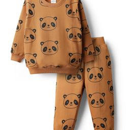 Mark & Mia Terry Knit Full Sleeves Winter Wear T-Shirt & Lounge Pant Co-Ord Set With Panda Print - Brown-image-4