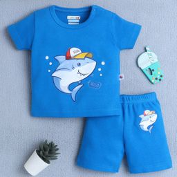 BUMZEE Cotton Knit Half Sleeves Shark Printed Tee & Coordinating Shorts Set - Royal Blue-picture-11