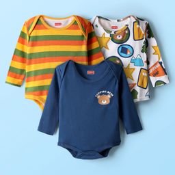 Babyhug 100% Cotton Interlock Knit Full Sleeves Onesies with Stripe Design & Animal Print Pack of 3 - Navy Blue White & Orange-image-99