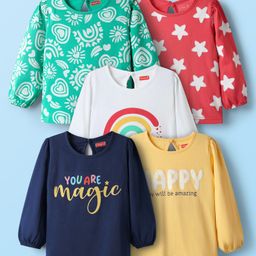 Babyhug 100% Cotton Knit Full Sleeves T-Shirt with Star & You Are Magic Text Print Pack of 5 - Light Green & Navy Blue-image-62